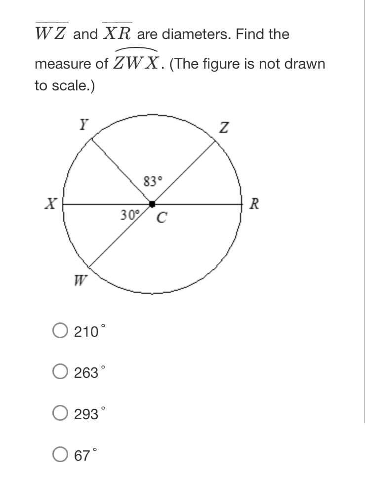 WZ and XR are diameters. Find the
measure of ZWX. (The figure is not drawn
to scale.)
Y
83°
X
R
30 C
W
210°
263°
293°
67
