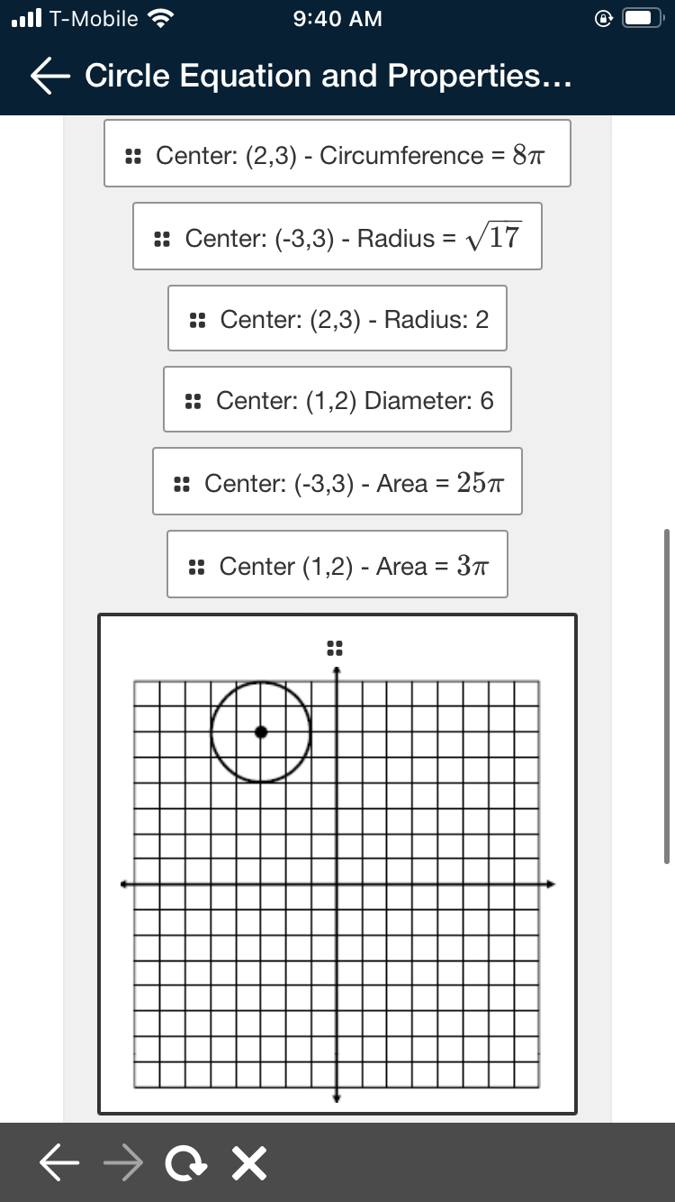 ll T-Mobile
9:40 AM
E Circle Equation and Properties...
:: Center: (2,3) - Circumference = 87T
%D
:: Center: (-3,3) - Radius = v17
:: Center: (2,3) - Radius: 2
:: Center: (1,2) Diameter: 6
:: Center: (-3,3) - Area = 257
:: Center (1,2) - Area %3D Зп
::
