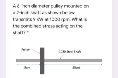 A 6-inch diameter pulley mounted on
a 2-inch shaft as shown below
transmits 9 kW at 1000 rpm. What is
the combined stress acting on the
shaft?
Pulley
1020 Steel Shaft
Scm
25cm
