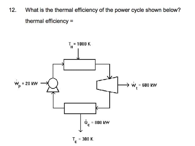 12.
What is the thermal efficiency of the power cycle shown below?
thermal efficiency =
T. = 1000 K
W = 20 KW
w, 600 kW
Q. = 800 kW
T = 300 K
