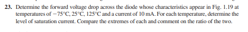 23. Detemine the forward voltage drop across the diode whose characteristics appear in Fig. 1.19 at
temperatures of – 75°C, 25°C, 125°C and a current of 10 mA. For each temperature, determine the
level of saturation curent. Compare the extremes of each and comment on the ratio of the two.
