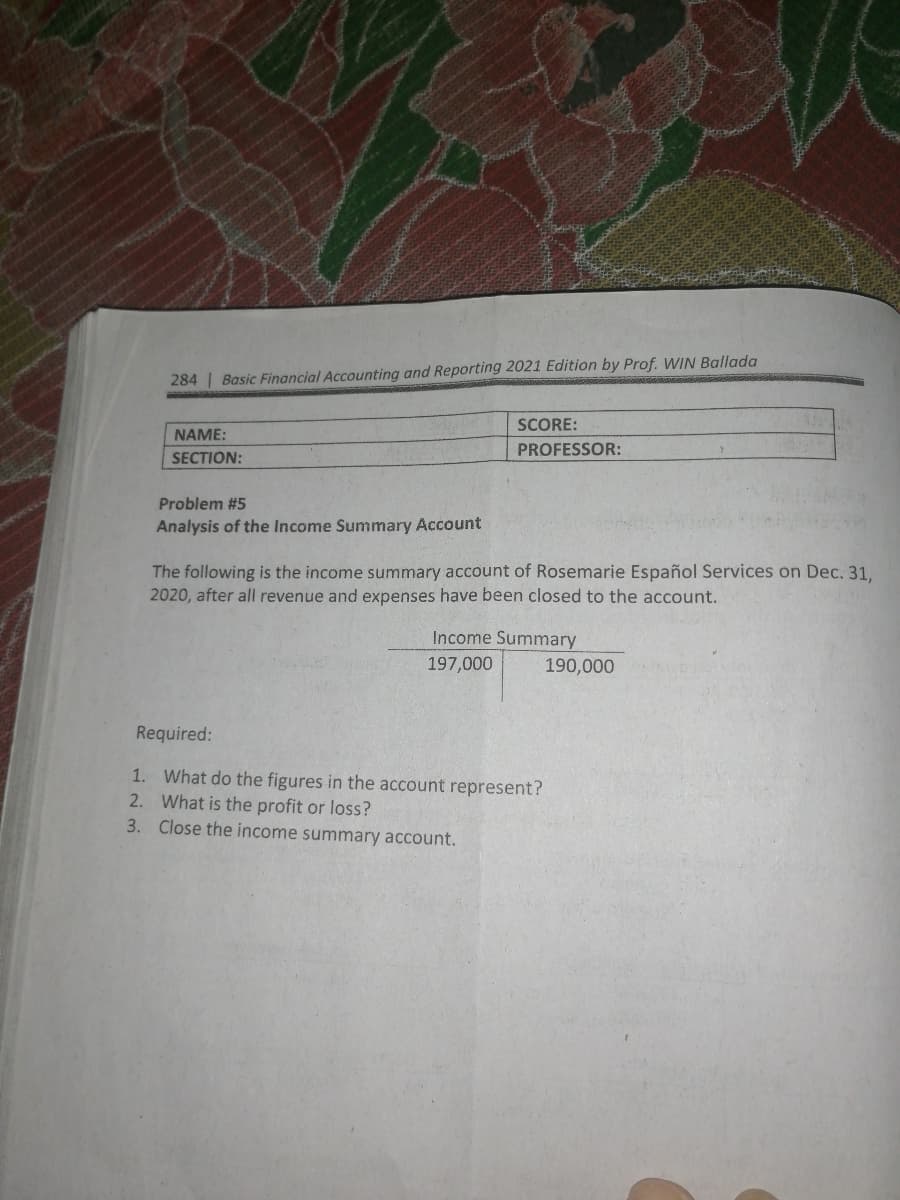 284 | Basic Financial Accounting and Reporting 2021 Edition by Prof. WIN Ballada
SCORE:
NAME:
PROFESSOR:
SECTION:
Problem #5
Analysis of the Income Summary Account
The following is the income summary account of Rosemarie Español Services on Dec. 31,
2020, after all revenue and expenses have been closed to the account.
Income Summary
197,000
190,000
Required:
1. What do the figures in the account represent?
2. What is the profit or loss?
3. Close the income summary account.
