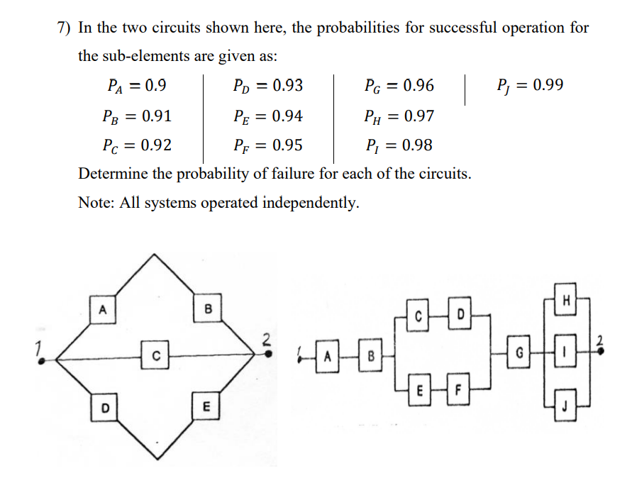 1
7) In the two circuits shown here, the probabilities for successful operation for
the sub-elements are given as:
PA = 0.9
PD = 0.93
PG = 0.96 | P₁ = 0.99
PB = 0.91
PE =
= 0.94
PH = 0.97
Pc = 0.92
PF = 0.95
P₁ = 0.98
Determine the probability of failure for each of the circuits.
Note: All systems operated independently.
A
D
C
B
E
00
A
B
00
C D
E
F
G