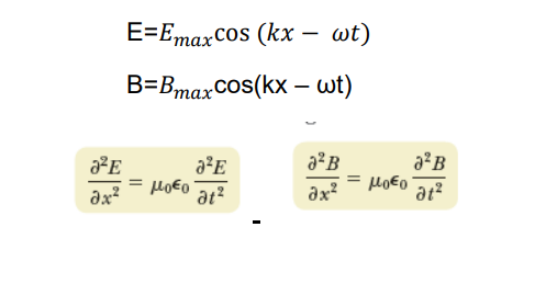 a²E
əx²
E=Emax cos(kx - wt)
B=Bmax cos(kx - wt)
= μo€o
3²E
at²
a²B
ax²
=
μo€o
a²B
at²