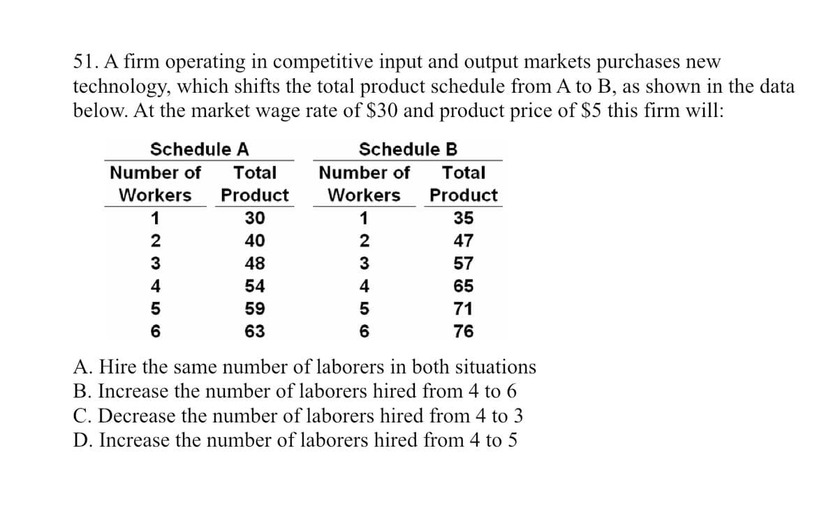 51. A firm operating in competitive input and output markets purchases new
technology, which shifts the total product schedule from A to B, as shown in the data
below. At the market wage rate of $30 and product price of $5 this firm will:
Schedule A
Number of Total
Product
30
40
48
54
59
63
Workers
1
2
3
4
56
Schedule B
Number of
Workers
1
2
3
4
5
6
Total
Product
35
47
57
65
71
76
A. Hire the same number of laborers in both situations
B. Increase the number of laborers hired from 4 to 6
C. Decrease the number of laborers hired from 4 to 3
D. Increase the number of laborers hired from 4 to 5