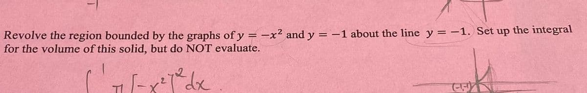 Revolve the region bounded by the graphs of y = -x² and y = -1 about the line y = -1. Set up the integral
for the volume of this solid, but do NOT evaluate.
7 [-x²7²dx
CH