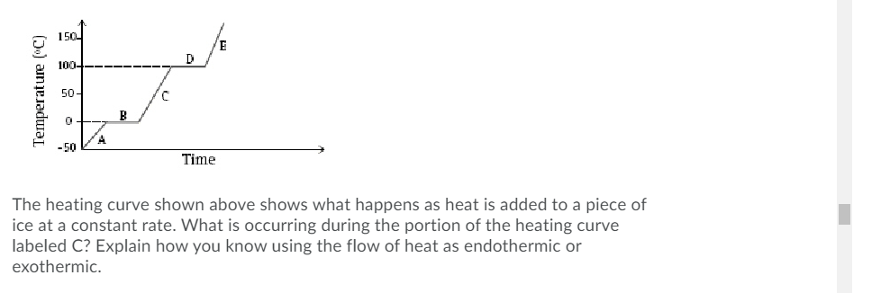 150
D
1004-------
50-
-50
Time
The heating curve shown above shows what happens as heat is added to a piece of
ice at a constant rate. What is occurring during the portion of the heating curve
labeled C? Explain how you know using the flow of heat as endothermic or
exothermic.
Temperature (C)
