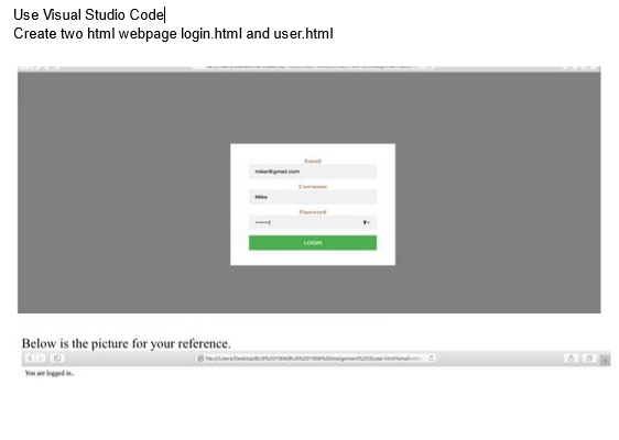 Use Visual Studio Codel
Create two html webpage login.html and user.html
Below is the picture for your reference.
320
MA
P