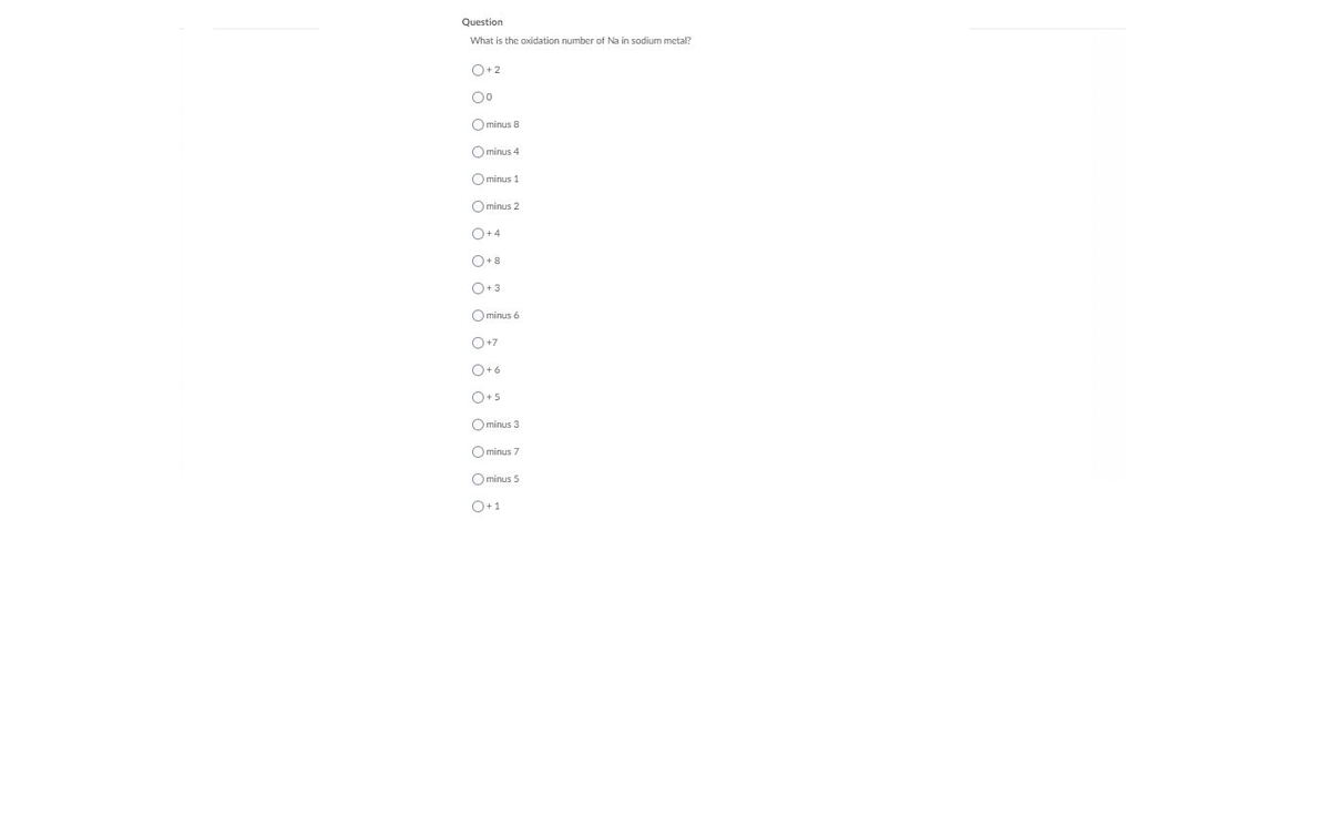 Question
What is the oxidation number of Na in sodium metal?
O+2
O minus 8
O minus 4
O minus 1
O minus 2
O+4
O+8
O+3
O minus 6
O+7
O+6
O+5
O minus 3
O minus 7
O minus 5
O+1
