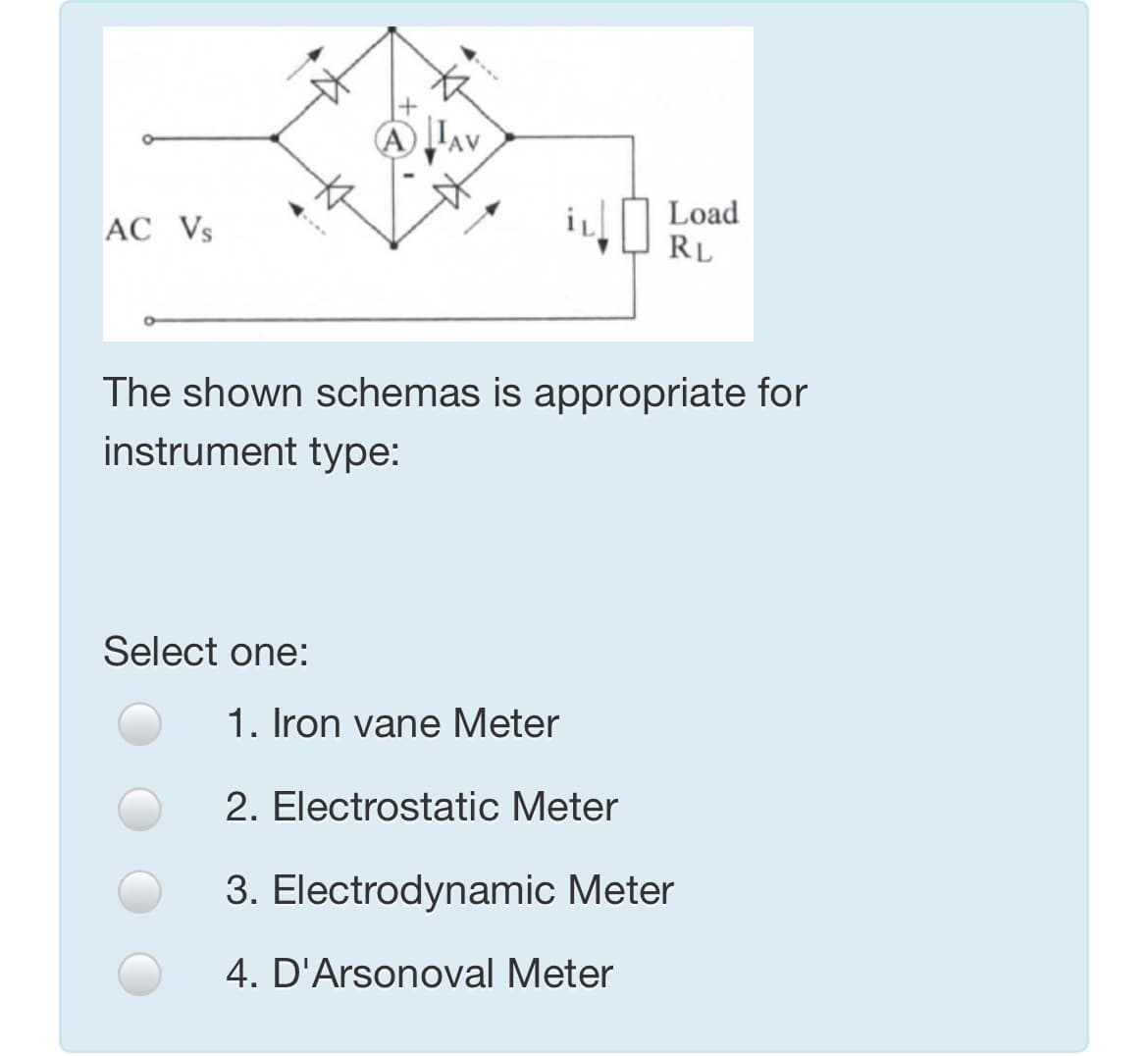 i4 Load
AC Vs
RL
The shown schemas is appropriate for
instrument type:
Select one:
1. Iron vane Meter
2. Electrostatic Meter
3. Electrodynamic Meter
4. D'Arsonoval Meter
