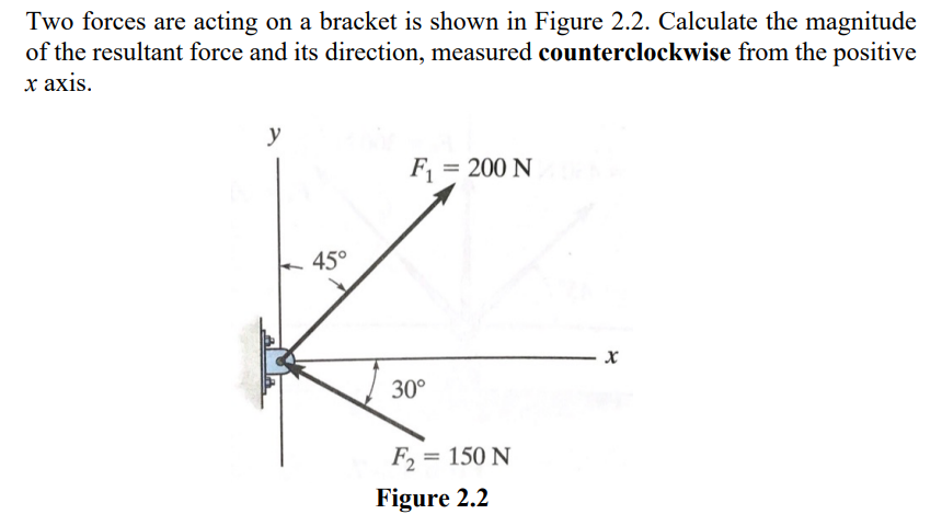 Two forces are acting on a bracket is shown in Figure 2.2. Calculate the magnitude
of the resultant force and its direction, measured counterclockwise from the positive
х ахis.
y
F = 200 N
45°
х
30°
F, = 150 N
Figure 2.2
