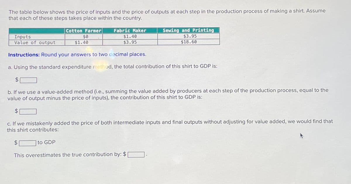 The table below shows the price of inputs and the price of outputs at each step in the production process of making a shirt. Assume
that each of these steps takes place within the country.
Inputs
Value of output
Cotton Farmer
$0
$1.40
Fabric Maker
$1.40
$3.95
to GDP
Instructions: Round your answers to two decimal places.
a. Using the standard expenditure method, the total contribution of this shirt to GDP is:
$
b. If we use a value-added method (i.e., summing the value added by producers at each step of the production process, equal to the
value of output minus the price of inputs), the contribution of this shirt to GDP is:
c. If we mistakenly added the price of both intermediate inputs and final outputs without adjusting for value added, we would find that
this shirt contributes:
Sewing and Printing
$3.95
$18.60
This overestimates the true contribution by: $
J.