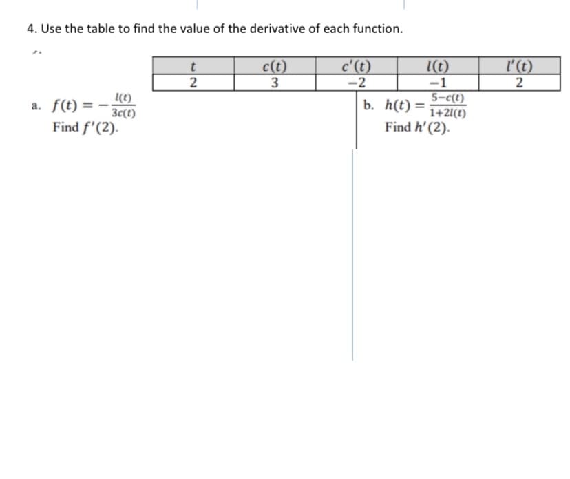 4. Use the table to find the value of the derivative of each function.
c(t)
3
c'(t)
l(t)
l'(t)
2
2
-2
-1
5-c(t)
1+21(t)
Find h' (2).
a. f(t) =
b. h(t) =
3c(t)
Find f'(2).
