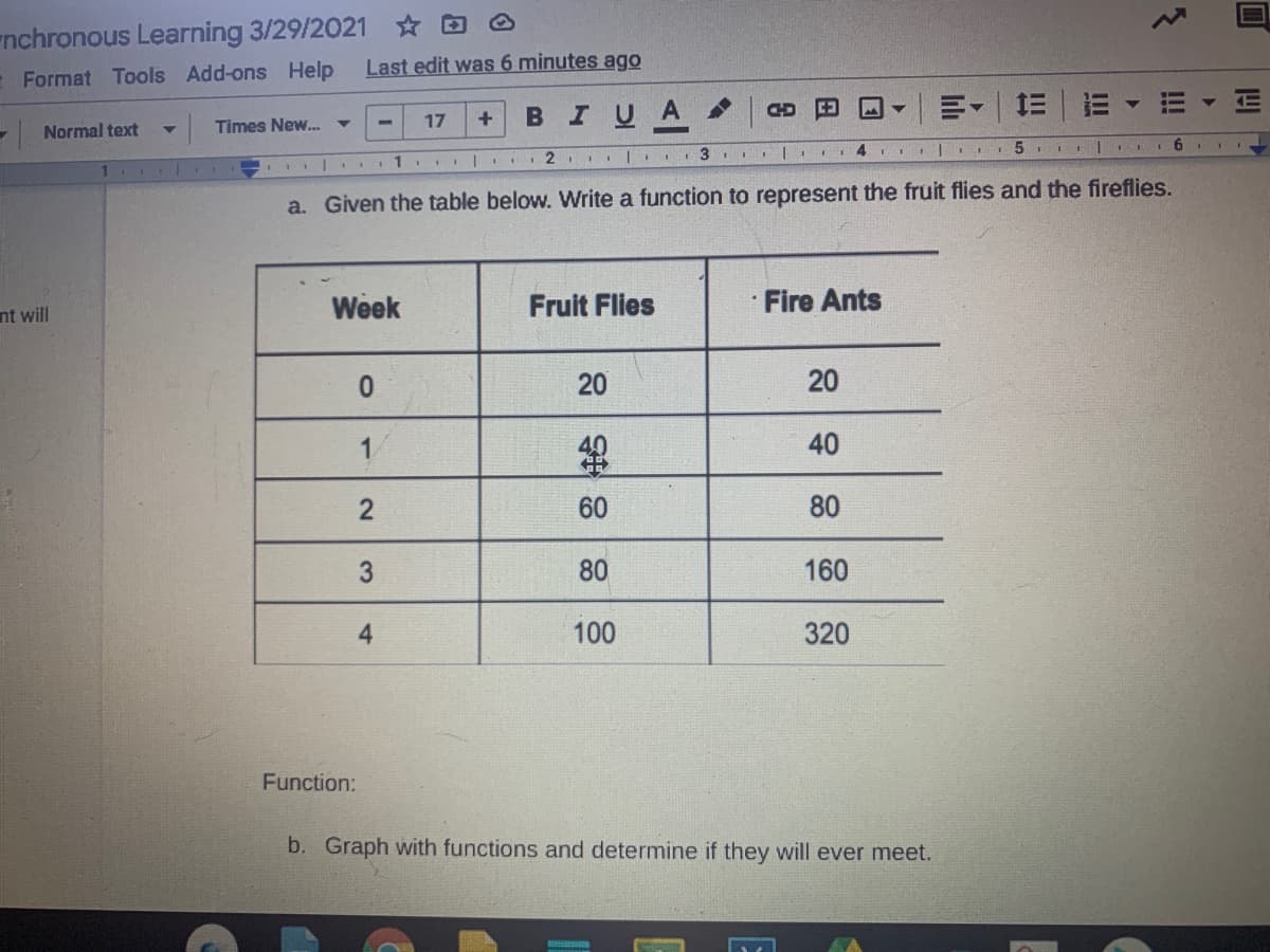 nchronous Learning 3/29/2021 O
Last edit was 6 minutes ago
E Format Tools Add-ons Help
BIUA
明。| 三|=
Normal text
Times New. ▼
17
1 I | I 2 III| 3 II
a. Given the table below. Write a function to represent the fruit flies and the fireflies.
Week
Fruit Flies
Fire Ants
nt will
20
20
40
60
80
3
80
160
4
100
320
Function:
b. Graph with functions and determine if they will ever meet.
