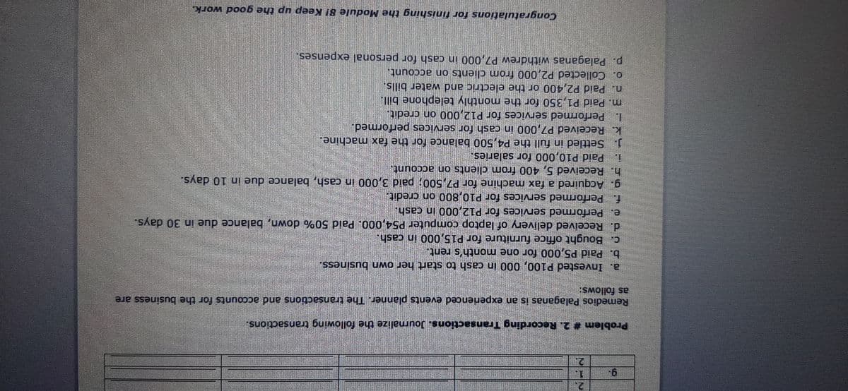 2.
2.
Problem # 2. Recording Transactions. Journalize the following transactions.
Remedios Palaganas is an experienced events planner. The transactions and accounts for the business are
a. Invested P100, 000 in cash to start her own business.
b. Paid P5,000 for one month's rent.,
C. Bought office furniture for P15,000 in cash.
d. Received delivery of laptop computer P54,000. Paid 50% down, balance due in 30 days.
e. Performed services for P12,000 in cash.
Performed services for P10,800 on credit.
g. Acquired a fax machine for P7,500; paid 3,000 in cash, balance due in 10 days.
h. Received 5, 400 from clients on account.
i. Paid P10,000 for salaries.
Settled in full the P4,500 balance for the fax machine.
k. Received P7,000 in cash for services performed.
1. Performed services for P12,000 on credit.
m. Paid P1,350 for the monthly telephone bill.
n. Paid P2,400 or the electric and water bills.
o. Collected P2,000 from clients on account.
p. Palaganas withdrew P7,000 in cash for personal expenses.
Congratulations for finishing the Module 8! Keep up the good work.
