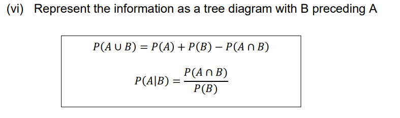 (vi) Represent the information as a tree diagram with B preceding A
Р(AU B) 3D P(A) + P(B) — Р(АПВ)
P(AN B)
Р (В)
P(A|B)
