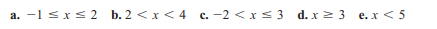 a. -1 sxs2
b. 2 <x < 4 c. -2 <xs3 d. x 2 3 e. x < 5
