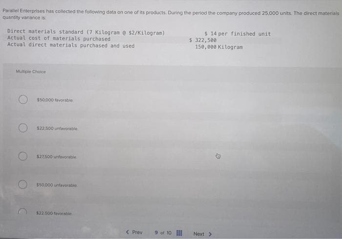 Parallel Enterprises has collected the following data on one of its products. During the period the company produced 25,000 units. The direct materials
quantity variance is:
Direct materials standard (7 Kilogram @ $2/Kilogram)
Actual cost of materials purchased
Actual direct materials purchased and used
Multiple Choice
$50,000 favorable.
$22.500 unfavorable.
$27,500 unfavorable.
$50,000 unfavorable
$22.500 favorable
< Prev
9 of 10
$ 14 per finished unit
$ 322,500
150,000 Kilogram
Next >