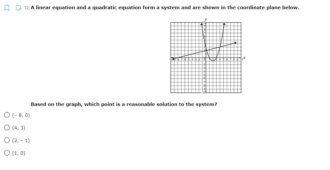 D 12. A linear equation and a quadratic equation form a system and are shown in the coordinate plane below.
Based on the graph, which point is a reasonable solution to the system?
O (- 8, 0)
O (4, 3)
O (2, - 1)
O (1, 0)
