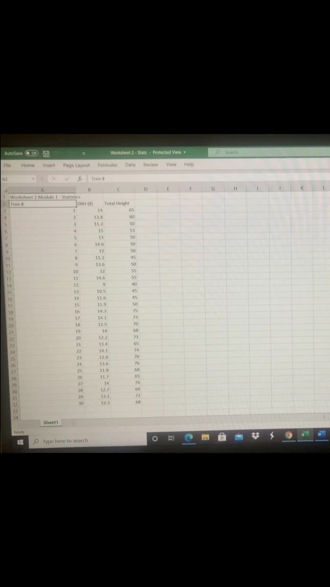 AutoSave on B
Worksheet 2- Stats Protected View
O Search
Of
File
Home
Insert
Page Layout
Formulas
Data
Review
View
Help
A2
Tree
K
D
Worksheet 2 Module 1- Statistics
Tree #
DBH (X)
Total Height
3.
14
65
4.
13.8
60
11.2
50
15
53
13
50
8
14.6
50
9.
12
50
11.2
45
10
11
13.6
50
12
10
12
55
13
11
14.6
55
14
12
40
13
10.5
45
15
16
14
11.6
45
17
15
11.9
50
16
14.3
75
18
19
17
14.1
73
70
20
12.5
18
21
19
14
68
22
20
12.2
71
23
21
13.4
65
22
14.1
74
24
25
23
12.8
70
24
13.6
76
26
25
11.8
68
27
26
11.7
65
28
27
14
74
29
28
12.7
69
30
29
13.1
72
31
30
12.3
68
32
33
34
Sheet1
Ready
P Iype here to search
