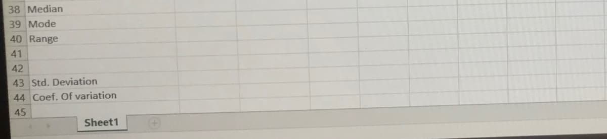 38 Median
39 Mode
40 Range
41
42
43 Std. Deviation
44 Coef. Of variation
45
Sheet1
