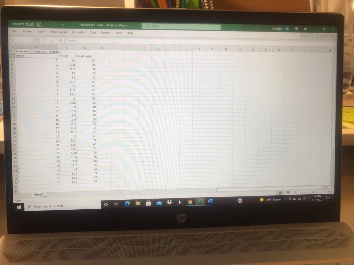 AutoSave C Of
Worksheet 2 - Stats - Protected View
P Search
Meghann M
File
Home
Insert
Page Layout
Formulas
Data
Review
View
Help
Share
Comments
A2
fr
Tree
D
M
N
1 Worksheet 2 Module 1 - Statistics
2 Tree
DBH (X)
Total Height
3.
1
14
65
4
2
13.8
60
5.
3
11.2
50
6
4
15
53
7.
13
50
8.
14.6
50
9.
12
50
10
8
11.2
45
11
9
13.6
50
12
13
10
12
55
11
14.6
55
14
12
9.
40
15
13
10.5
45
16
14
11.6
45
17
15
11.9
50
18
16
14.3
75
19
17
14.1
73
20
18
12.5
70
21
19
14
68
22
20
12.2
71
23
21
13.4
65
24
22
14.1
74
25
23
12.8
70
26
24
13.6
76
27
25
11.8
68
26
11.7
65
28
27
14
74
29
28
12.7
69
30
29
13.1
72
31
30
12.3
68
32
33
34
100%
Sheet1
5:49 PM
O 80°F Sunny A O G O 4x
9/11/2021
Ready
P Type here to search
op
