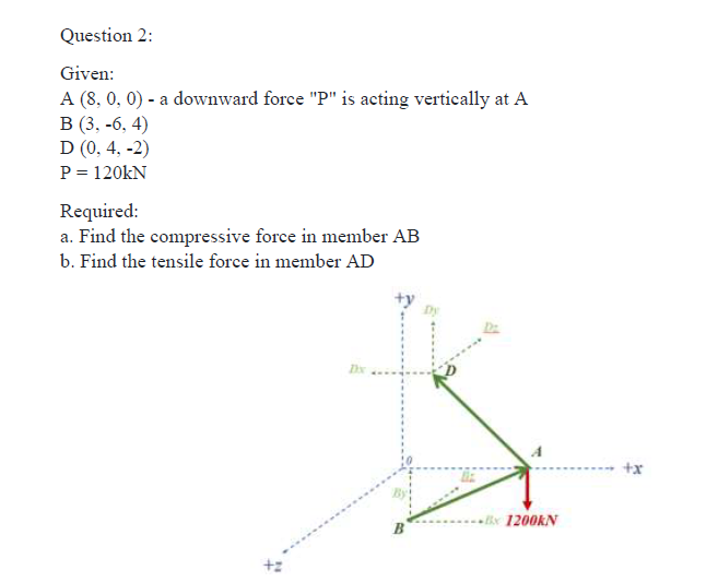 Question 2:
Given:
A (8, 0, 0) - a downward force "P" is acting vertically at A
В (3, -6, 4)
D (0, 4, -2)
P = 120kN
Required:
a. Find the compressive force in member AB
b. Find the tensile force in member AD
+x
B
--- x 1200KN
