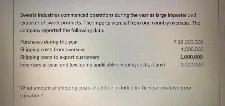 Sweets Industries commenced operations during the year as large importer and
exporter of sweet products. The imports were all from one country overseas. The
company reported the following data:
Purchases during the year
P 12,000,000
Shipping costs from overseas
1,500,000
Shipping costs to export customers
1,000,000
Inventory at year-end (excluding applicable shipping costs, if any)
3,000,000
What amount of shipping costs should be included in the year-end inventory
valuation?
