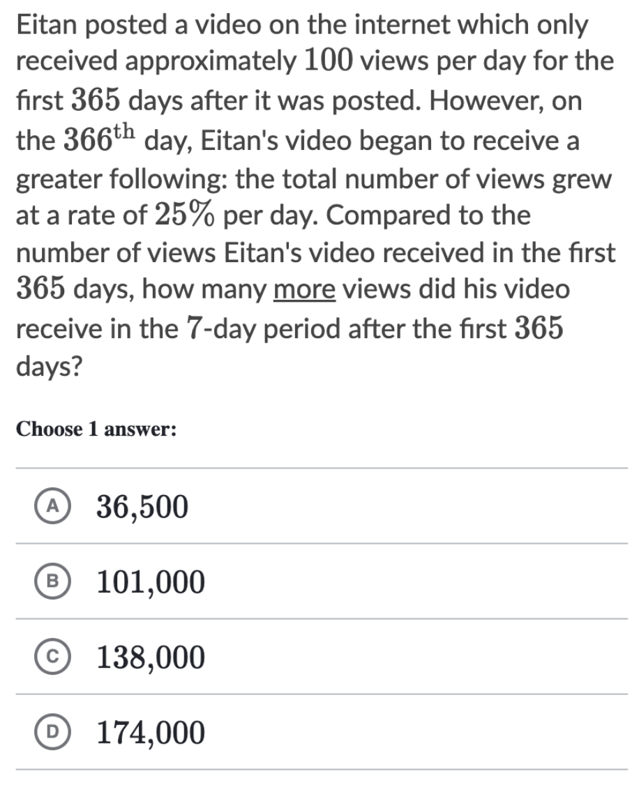 Eitan posted a video on the internet which only
received approximately 100 views per day for the
first 365 days after it was posted. However, on
the 366th day, Eitan's video began to receive a
greater following: the total number of views grew
at a rate of 25% per day. Compared to the
number of views Eitan's video received in the first
365 days, how many more views did his video
receive in the 7-day period after the first 365
days?
Choose 1 answer:
А
A 36,500
B 101,000
138,000
D 174,000