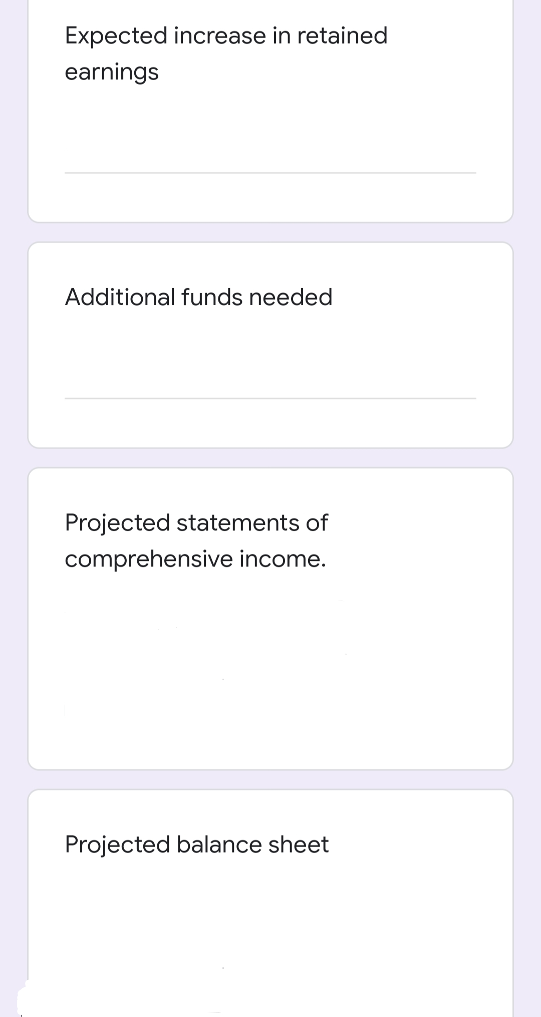 Expected increase in retained
earnings
Additional funds needed
Projected statements of
comprehensive income.
Projected balance sheet
