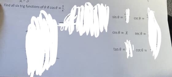 Find all six trig functions of e if cos 8 =
sin e =
csc e=
cos 8 = X
sec e =
tan e =
cot e =
