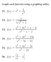 Graph each function using a graphing utility.
71. f(x) = x² +
72. f(x) =
+1
x3 + 4x² + x – 6
73. (х) %3D
x2 - x - 2
х* — х —
— 2
x3 + 2x2 - 15x
- 15x
x2 - 5x - 14
74. f(x) =
x3 + 2x2
+ 2x - 3x
75. f(x)
x2 - 25
76. (1) = - 2|
