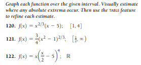 Graph each function over the given interval. Visually estimate
where any absolute extrema occur. Then use the TABLE feature
to refine each estimate.
120. f(x) = x2/>(x - 5); [1, 4]
121. f(x) = - 1)2/3, [ )
(6) = (- 3):
122. f(x)
R
