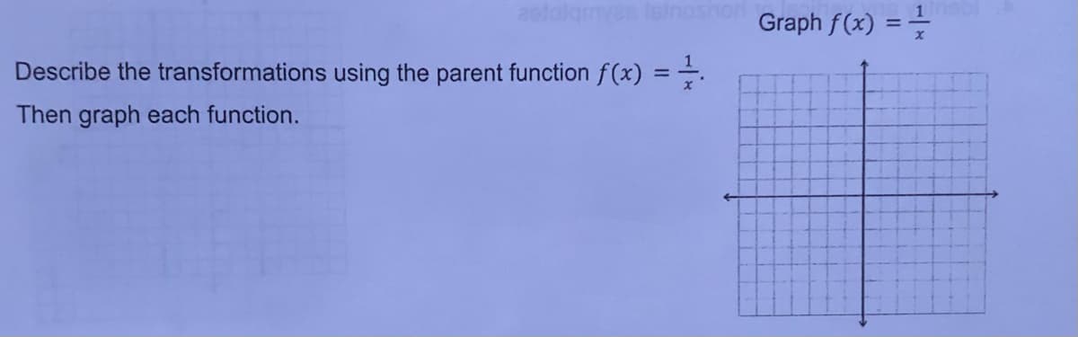 astolamyes Istnoshori
Describe the transformations using the parent function f(x) =
Then graph each function.
Graph f(x) = 1