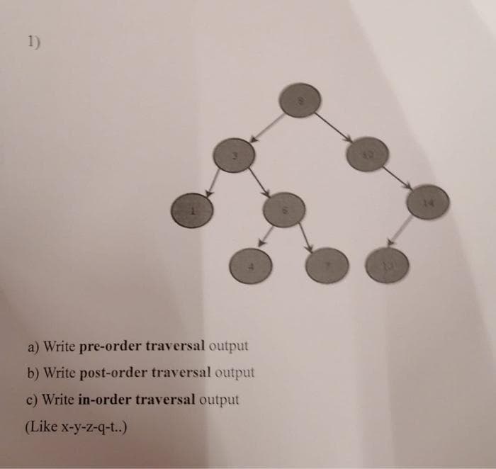 1)
a) Write pre-order traversal output
b) Write post-order traversal output
c) Write in-order traversal output
(Like x-y-z-q-t..)