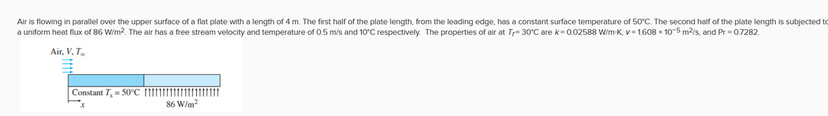 Air is flowing in parallel over the upper surface of a flat plate with a length of 4 m. The first half of the plate length, from the leading edge, has a constant surface temperature of 50°C. The second half of the plate length is subjected to
a uniform heat flux of 86 W/m². The air has a free stream velocity and temperature of 0.5 m/s and 10°C respectively. The properties of air at Tf= 30°C are k= 0.02588 W/m-K, v = 1.608 × 10-5 m²/s, and Pr = 0.7282.
Air, V, T.
Constant T = 50°C ↑1111
86 W/m²
