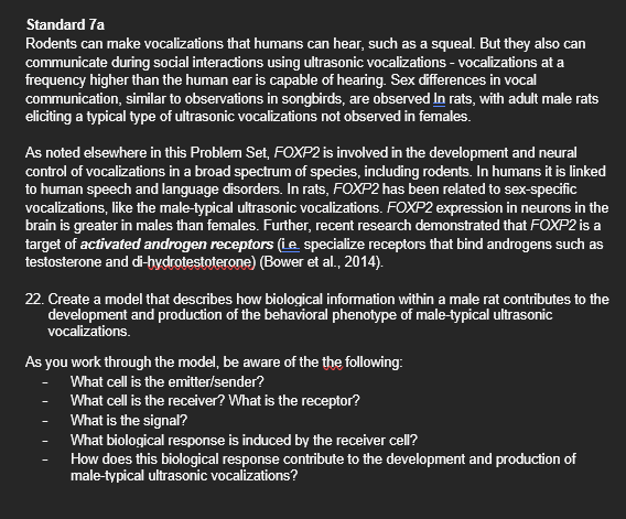 Standard 7a
Rodents can make vocalizations that humans can hear, such as a squeal. But they also can
communicate during social interactions using ultrasonic vocalizations - vocalizations at a
frequency higher than the human ear is capable of hearing. Sex differences in vocal
communication, similar to observations in songbirds, are observed In rats, with adult male rats
eliciting a typical type of ultrasonic vocalizations not observed in females.
As noted elsewhere in this Problem Set, FOXP2 is involved in the development and neural
control of vocalizations in a broad spectrum of species, including rodents. In humans it is linked
to human speech and language disorders. In rats, FOXP2 has been related to sex-specific
vocalizations, like the male-typical ultrasonic vocalizations. FOXP2 expression in neurons in the
brain is greater in males than females. Further, recent research demonstrated that FOXP2 is a
target of activated androgen receptors (Le specialize receptors that bind androgens such as
testosterone and di-hydrotestoterone) (Bower et al., 2014).
22. Create a model that describes how biological information within a male rat contributes to the
development and production of the behavioral phenotype of male-typical ultrasonic
vocalizations.
As you work through the model, be aware of the the following:
What cell is the emitter/sender?
What cell is the receiver? What is the receptor?
What is the signal?
What biological response is induced by the receiver cell?
How does this biological response contribute to the development and production of
male-typical ultrasonic vocalizations?