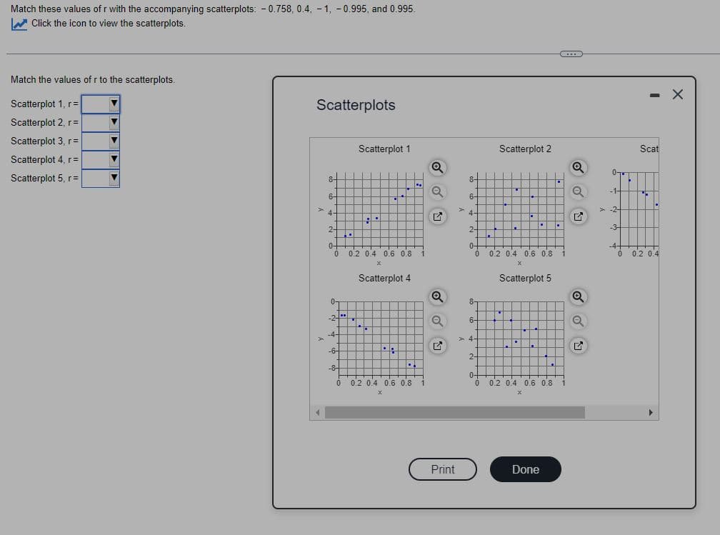 Match these values of r with the accompanying scatterplots: -0.758, 0.4, -1, -0.995, and 0.995.
Click the icon to view the scatterplots.
Match the values of r to the scatterplots.
Scatterplot 1, r=
Scatterplot 2, r=
Scatterplot 3, r =
Scatterplot 4, r =
Scatterplot 5, r =
▼
▼
▼
T
V
Scatterplots
>
8-
6-
4-
2-
0-
0
0-
-2-
-4
-6-
..
...
-84
0
Scatterplot 1
DE
I
÷
P
0.2 0.4 0.6 0.8
x
Scatterplot 4
..
".
0.2 0.4 0.6 0.8 1
Q
✓
Q
Q
LV
Print
8-
6+
4-
2-
+
0-
8-
6+
4-
0 0.2 0.4 0.6 0.8 1
X
Scatterplot 5
2+
Scatterplot 2
HH
| ▪
T
C
Done
.
0-
0 0.2 0.4 0.6 0.8 1
Q
Q
M
Q
Q
07
-1-
-2-
-3-
- X
Scat
0.2 0.4