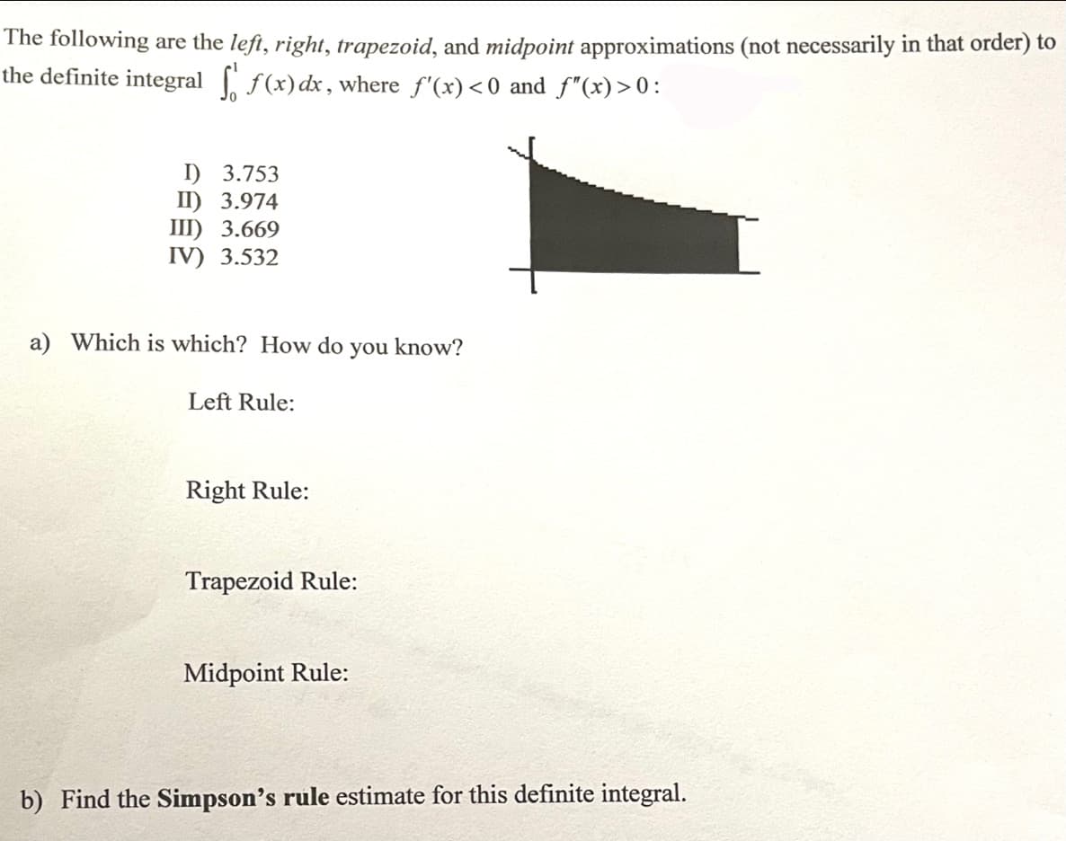 The following are the left, right, trapezoid, and midpoint approximations (not necessarily in that order) to
the definite integral f(x) dx, where f'(x)<0 and f"(x)>0:
I) 3.753
II) 3.974
III) 3.669
IV) 3.532
a) Which is which? How do you know?
Left Rule:
Right Rule:
Trapezoid Rule:
Midpoint Rule:
b) Find the Simpson's rule estimate for this definite integral.
