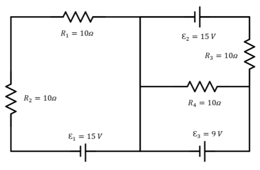 R, = 102
Ez = 15 V
R3 = 102
R2 = 102
R4 = 102
E, = 15 V
Ez = 9 V
