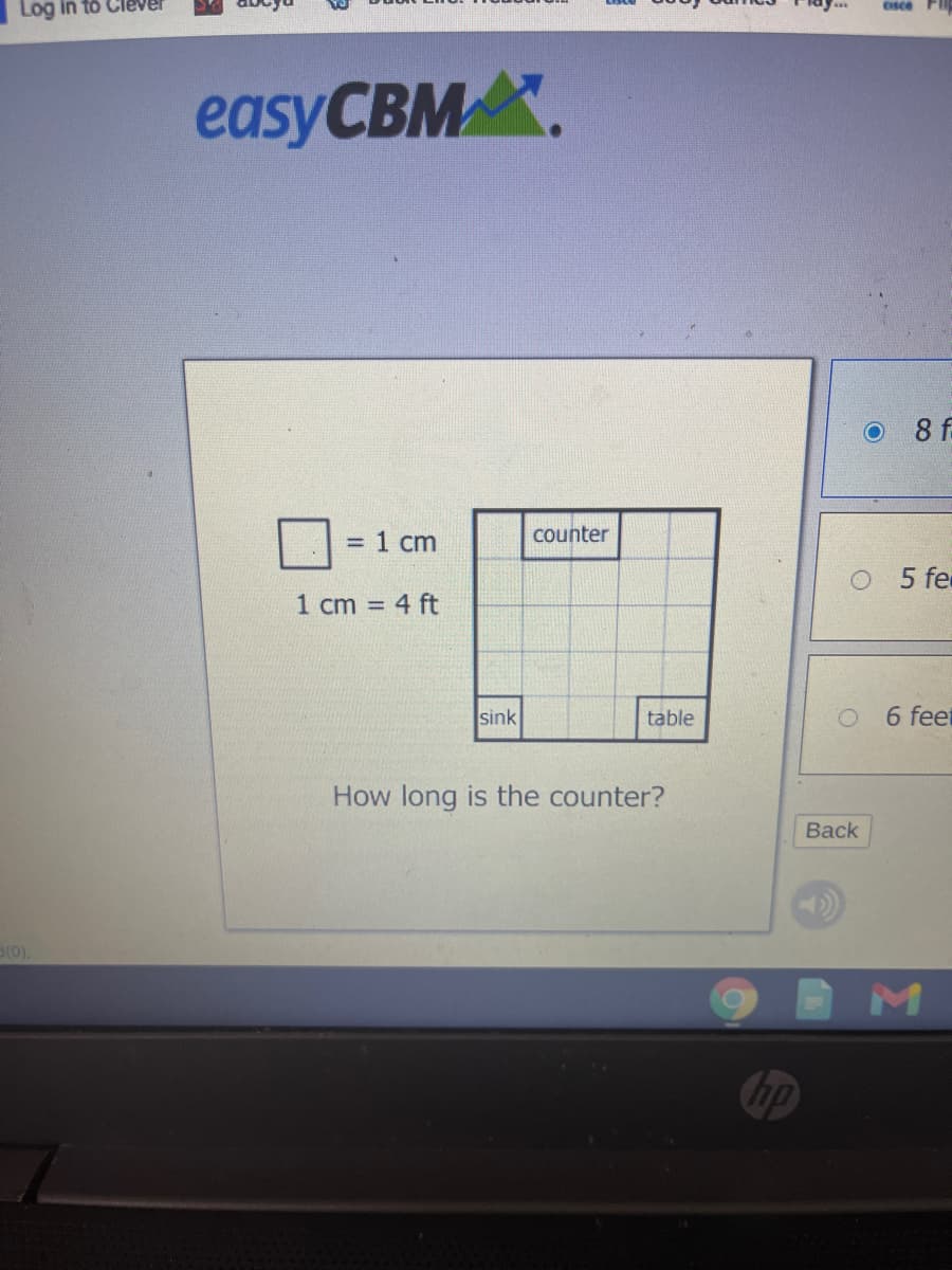 Log
easyCBM.
8 f
= 1 cm
counter
O 5 fe
1 cm = 4 ft
%3D
sink
table
6 feet
How long is the counter?
Back
(0).
M
Chp
