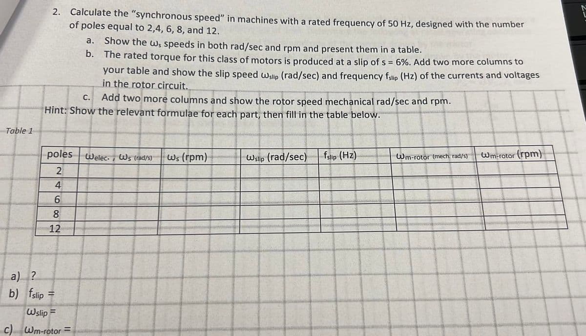 Table 1
2. Calculate the "synchronous speed" in machines with a rated frequency of 50 Hz, designed with the number
of poles equal to 2,4, 6, 8, and 12.
C.
Add two more columns and show the rotor speed mechanical rad/sec and rpm.
Hint: Show the relevant formulae for each part, then fill in the table below.
poles Welec. Ws (rad/s)
1
2
4
6
8
12
a) ?
b) fslip H
||
a. Show the ws speeds in both rad/sec and rpm and present them in a table.
b. The rated torque for this class of motors is produced at a slip of s = 6%. Add two more columns to
your table and show the slip speed wWslip (rad/sec) and frequency fslip (Hz) of the currents and voltages
in the rotor circuit.
Wslip
c) Wm-rotor =
=
Ws (rpm)
Wslip (rad/sec) fslip (Hz)
Wm-rotor (mech. rad/s)
Wm-rotor (rpm)