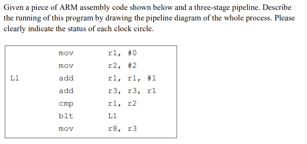 Given a piece of ARM assembly code shown below and a three-stage pipeline. Describe
the running of this program by drawing the pipeline diagram of the whole process. Please
clearly indicate the status of each clock circle.
L1
mov
mov
add
add
cmp
blt
mov
rl,
#0
r2, #2
rl, rl, #1
r3, r3, rl
rl, r2
L1
r8, r3