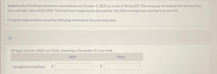 Suppose that Oriole purchased a new machine on October 1, 2025 at a cost of $416,000. The company estimated that the machine
has a salvage value of $32,000. The machine is expected to be used for 320,000 working hours during its 8-year life.
Compute depreciation using the following methods in the year indicated.
(a)
Straight-line for 2025 and 2026, assuming a December 31 year-end.
2025
Straight-line method
2026