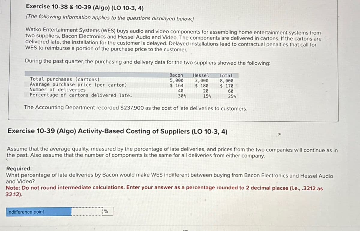 Exercise 10-38 & 10-39 (Algo) (LO 10-3, 4)
[The following information applies to the questions displayed below.]
Watko Entertainment Systems (WES) buys audio and video components for assembling home entertainment systems from
two suppliers, Bacon Electronics and Hessel Audio and Video. The components are delivered in cartons. If the cartons are
delivered late, the installation for the customer is delayed. Delayed installations lead to contractual penalties that call for
WES to reimburse a portion of the purchase price to the customer.
During the past quarter, the purchasing and delivery data for the two suppliers showed the following:
Total purchases (cartons)
Average purchase price (per carton)
Number of deliveries
Percentage of cartons delivered late.
Bacon
5,000
Hessel
Total
3,000
8,000
$ 164
$ 180
40
20
$ 170
60
30%
15%
25%
The Accounting Department recorded $237,900 as the cost of late deliveries to customers.
Exercise 10-39 (Algo) Activity-Based Costing of Suppliers (LO 10-3, 4)
Assume that the average quality, measured by the percentage of late deliveries, and prices from the two companies will continue as in
the past. Also assume that the number of components is the same for all deliveries from either company.
Required:
What percentage of late deliveries by Bacon would make WES indifferent between buying from Bacon Electronics and Hessel Audio
and Video?
Note: Do not round intermediate calculations. Enter your answer as a percentage rounded to 2 decimal places (i.e., .3212 as
32.12).
Indifference point
%