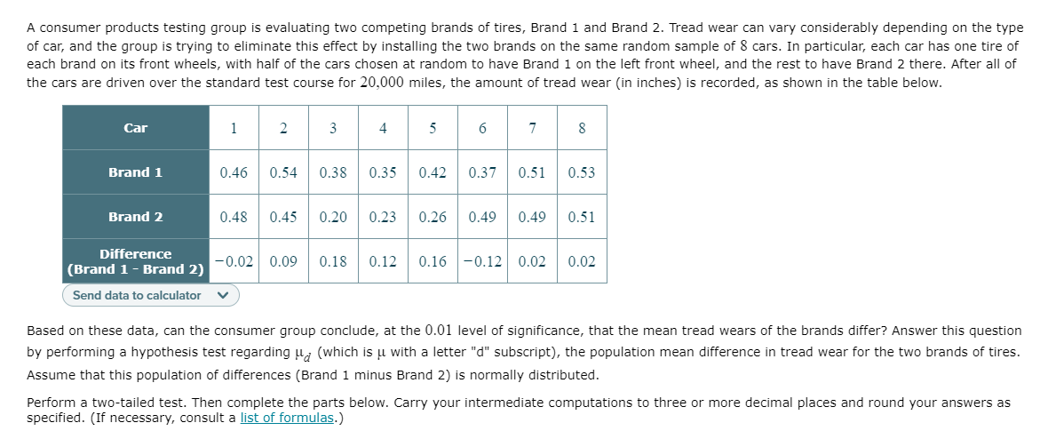 A consumer products testing group is evaluating two competing brands of tires, Brand 1 and Brand 2. Tread wear can vary considerably depending on the type
of car, and the group is trying to eliminate this effect by installing the two brands on the same random sample of 8 cars. In particular, each car has one tire of
each brand on its front wheels, with half of the cars chosen at random to have Brand 1 on the left front wheel, and the rest to have Brand 2 there. After all of
the cars are driven over the standard test course for 20,000 miles, the amount of tread wear (in inches) is recorded, as shown in the table below.
Car
1
3
4
5
Brand 1
0.46
0.54
0.38
0.35
0.42
0.37
0.51
0.53
Brand 2
0.48
0.45
0.20
0.23
0.26
0.49
0.49
0.51
Difference
(Brand 1- Brand 2)
0.16 -0.12 0.02
-0.02 0.09
0.18
0.12
0.02
Send data to calculator
Based on these data, can the consumer group conclude, at the 0.01 level of significance, that the mean tread wears of the brands differ? Answer this question
by performing a hypothesis test regarding u, (which is u with a letter "d" subscript), the population mean difference in tread wear for the two brands of tires.
Assume that this population of differences (Brand 1 minus Brand 2) is normally distributed.
Perform a two-tailed test. Then complete the parts below. Carry your intermediate computations to three or more decimal places and round your answers as
specified. (If necessary, consult a list of formulas.)
