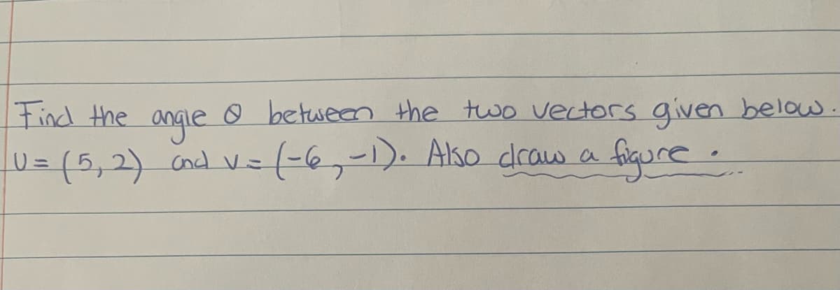 Find the angle
O between the two vectors given below.
lu%=(5,2)Cndv=
(-6,-1). Also draw a figure.
