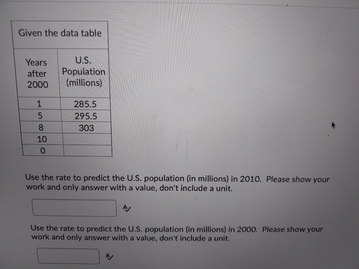 Given the data table
Years
U.S.
Population
(millions)
after
2000
285.5
295.5
303
10
0.
Use the rate to predict the U.S. population (in millions) in 2010. Please show your
work and only answer with a value, don't include a unit.
Use the rate to predict the U.S. population (in millions) in 2000, Please show your
work and only answer with a value, don't include a unit.
1589
