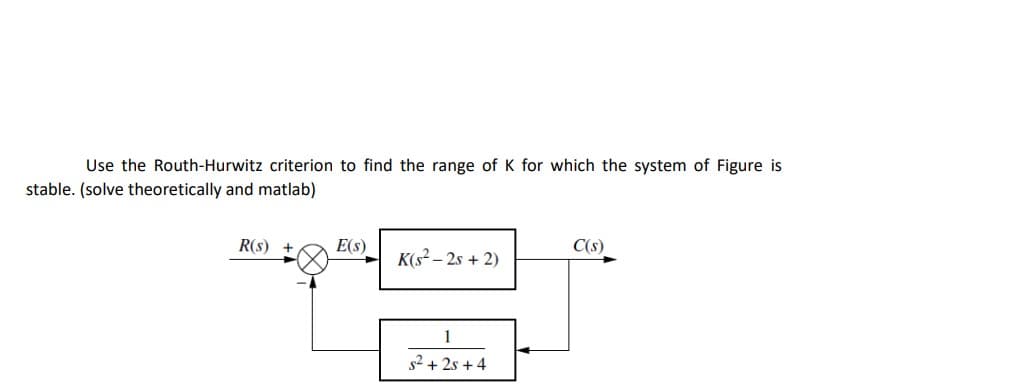 Use the Routh-Hurwitz criterion to find the range of K for which the system of Figure is
stable. (solve theoretically and matlab)
R(s) +
E(s)
K(s²-2s + 2)
s²+2s+4
C(s)