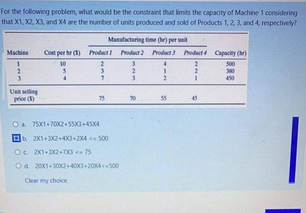 ### Problem Statement:

For the following problem, what would be the constraint that limits the capacity of Machine 1 considering that X1, X2, X3, and X4 are the number of units produced and sold of Products 1, 2, 3, and 4, respectively? 

### Table:

| Machine | Cost per hr ($) |         | Manufacturing time (hr) per unit         |                   | Capacity (hr) |
|---------|-----------------|----------|--------------------|---------|------------|
|         |                 | Product 1 | Product 2 | Product 3 | Product 4 |                |
|    1    |         10        |        2         |       3       |        4       |       2       |      500       |
|    2    |         5         |        3         |       2       |        1       |       2       |      380       |
|    3    |         4         |        7         |       3       |        2       |       1       |      450       |

**Unit selling price ($): 75, 70, 55, 45**

### Multiple Choice Answers:
a. 75X1 + 70X2 + 55X3 + 45X4

b. **2X1 + 3X2 + 4X3 + 2X4 ≤ 500**

c. 2X1 + 3X2 + 7X3 ≤ 75

d. 20X1 + 30X2 + 40X3 + 20X4 ≤ 500

### Explanation:
The table summarizes the manufacturing details for four different products across three machines. It contains the following information:

- **Cost per hr ($)**: The cost of running each machine per hour.
- **Manufacturing time (hr) per unit**: The time it takes each machine to manufacture each unit of the respective products.
- **Capacity (hr)**: The maximum number of hours each machine can operate.

The multiple-choice question defines possible constraints based on the machine and product data. In this context, "X1, X2, X3, and X4" denote the number of units produced and sold for Products 1, 2, 3, and 4, respectively. The goal is to determine the